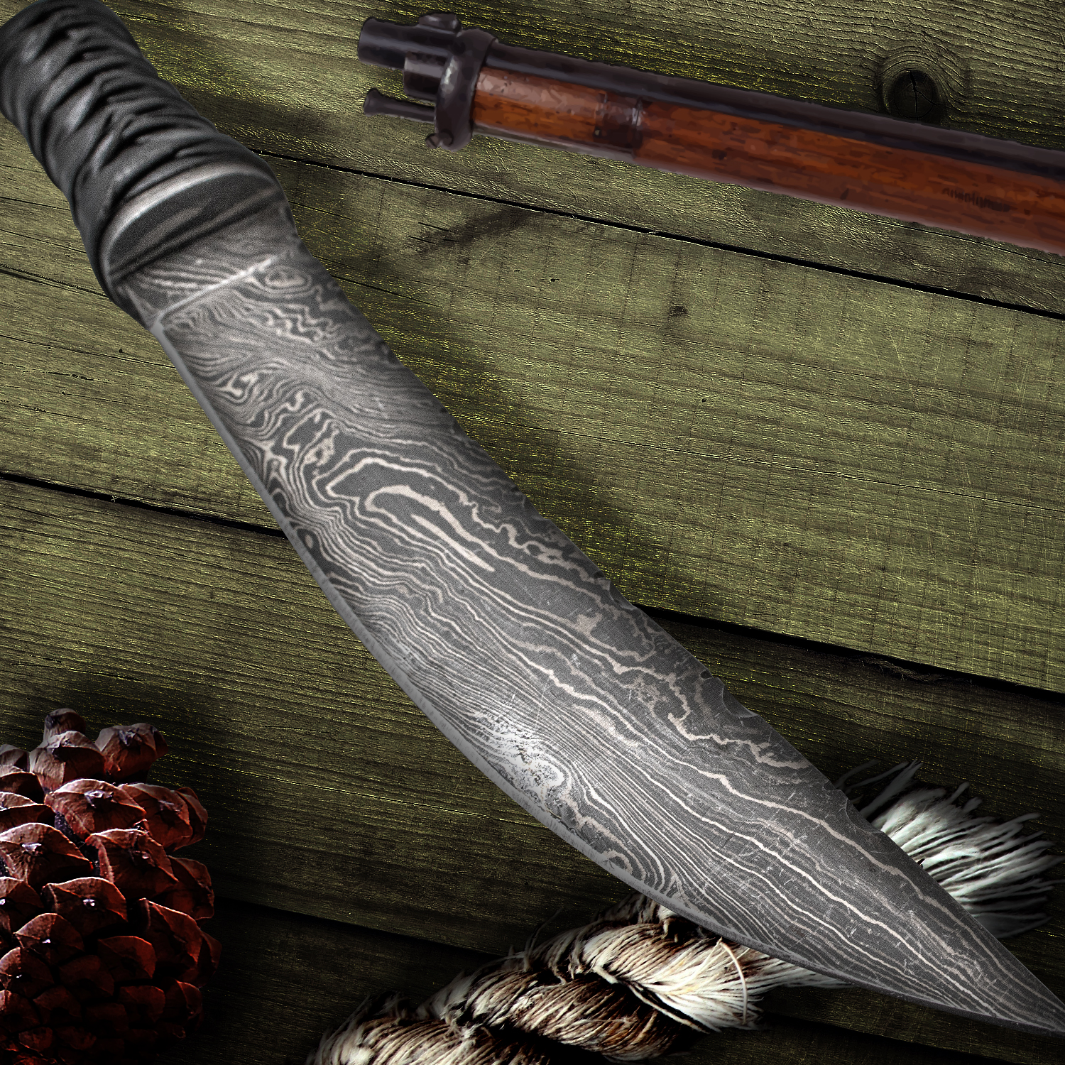 Red Deer Big Boy Leather Wrapped Damascus Hunting Knife